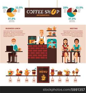 Coffee Shop Menu Infographic Banner . Coffee shop informatics banner with menu flat icons and visitors statistics in percentage and diagrams abstract vector illustration