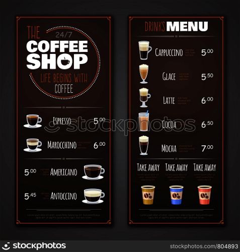 Coffee shop menu vector design template. Cafe shop banner with drink illustration. Coffee shop menu vector design template