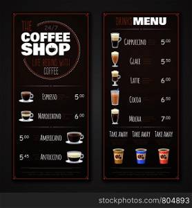 Coffee shop menu vector design template. Cafe shop banner with drink illustration. Coffee shop menu vector design template