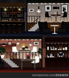 Coffee shop restaurant cafe bar interior realistic banners set with lighting wine shelves furniture isolated vector illustration. Cafe Bar Realistic Banners