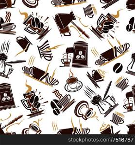 Coffee shop seamless brown pattern of trays with steaming cups of hot chocolate and tall glass mugs with cappuccino, retro coffee machines and pots with turkish coffee. Cafe or kitchen interior themes design. Brown seamless pattern of coffee drinks