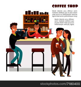 Coffee shop vector concept with take away coffee, barista and couple in love isolated on white background illustration. Coffee shop vector concept with take away coffee