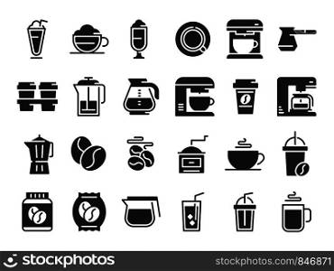 Coffee silhouette icons. Hot drink cup, coffee machine and beans. Cafe menu logotype, espresso cappuccino or latte coffee brainstorm vector pictograms isolated set. Coffee silhouette icons. Hot drink cup, coffee machine and beans vector pictograms set