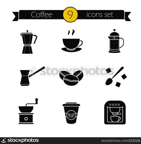 Coffee silhouette icons set. Espresso machine, classic coffee maker, steaming mug on plate, french press, turkish cezve, spoon with sugar cubes, hand mill. Isolated vector illustrations. Coffee silhouette icons set