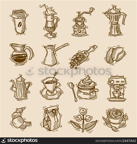 Coffee sketch icons set with coffee-bulb turk beans isolated vector illustration.
