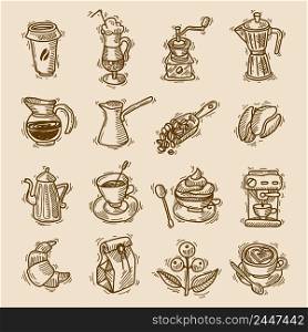 Coffee sketch icons set with coffee-bulb turk beans isolated vector illustration.