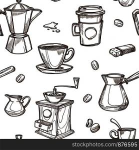 Coffee sketch pattern for coffeeshop or cafeteria. Vector seamless coffee maker, grinder or cup and hot chocolate mug with beans. Coffee makers vector sketch retro pattern