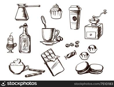 Coffee sketched icons with cup of coffee on saucer with coffee beans and candies with ice cream, cakes, cappuccino, liquor, takeaway cup, chocolate, vintage coffee grinder and copper pot. Sketch style. Coffee drinks, ingredients and desserts sketches