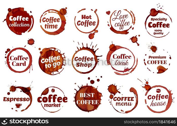 Coffee stain ring label, coffee shop cafe logo. Premium quality emblem, dirty cup circle stains badge, spilled espresso stains vector set. Beverage logotype elements for cafe, restaurant. Coffee stain ring label, coffee shop cafe logo. Premium quality emblem, dirty cup circle stains badge, spilled espresso stains vector set