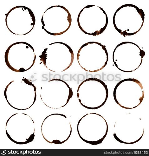 Coffee stains. Dirty cup splash ring stain or coffee stamp, macula stained dripping foam dirt watercolor latte or tea spots. Mud brown paper isolated illustration icons set. Coffee stains. Dirty cup splash ring stain or coffee stamp isolated illustration