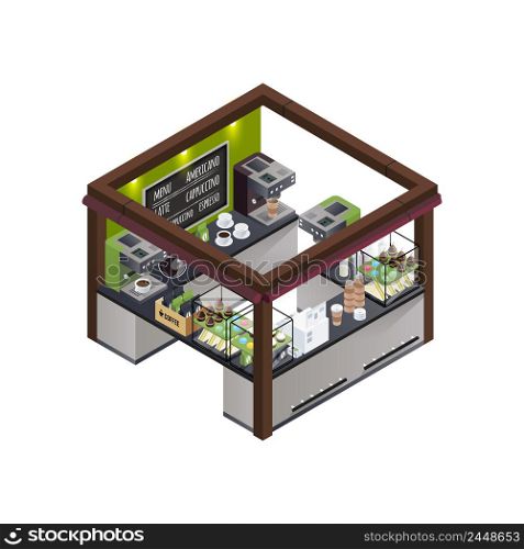 Coffee stall outdoor concession stand isometric composition with different coffee varieties menu coffee machine and sweet cakes vector illustration. Coffee Kiosk Isometric Composition