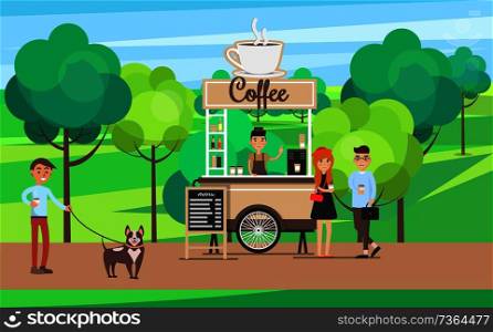 Coffee stand in green park, man walking dog and people buying tea from shop, seller cups of hot drinks, poster vector illustration with trees. Coffee Stand in Green Park Vector Illustration