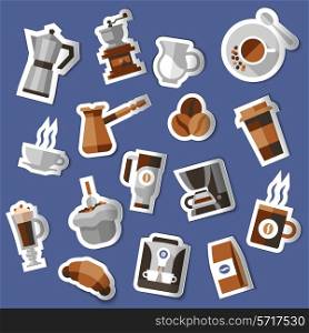 Coffee stickers set with croissant pack cream pot turk isolated vector illustration