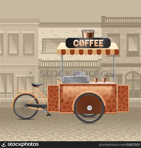 Coffee Street Cart Illustration . Coffee street cart with houses tent and road in town realistic vector illustration