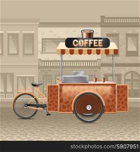 Coffee Street Cart Illustration . Coffee street cart with houses tent and road in town realistic vector illustration