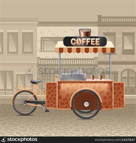 Coffee street cart with houses tent and road in town realistic vector illustration . Coffee Street Cart Illustration