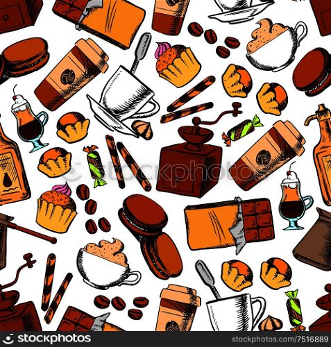 Coffee, sweets and pastries background for coffee shop or confectionery design usage with seamless pattern of espresso, cappuccino and irish cream coffee, chocolate bars, coffee beans, cupcakes, candies, macarons, wafer tubes, coffee pots and grinders. Coffee, sweets and pastries seamless pattern