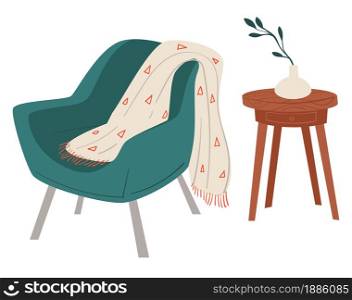 Coffee table with decorative twigs in base, comfortable armchair with blanket, plaid or scarf. Home interior design, minimalist and scandinavian dwelling. Living or sitting room, vector in flat style. Home interior design, armchair and coffee table