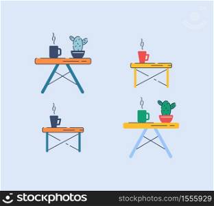 Coffee tables semi flat RGB color vector illustrations set. Contemporary furniture for home interior decoration. Small decorative desks isolated cartoon objects pack on blue background. Coffee tables semi flat RGB color vector illustrations set