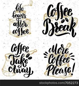 Coffee take away. More coffee please. Hand drawn lettering quotes on grunge background. Vector illustration