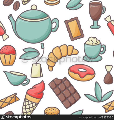 Coffee tea croissants and pastries seamless pattern. Background breakfast hot drink and goodies. Food print for paper, packaging and backdrop. Template vector illustration. Coffee tea croissants and pastries seamless pattern