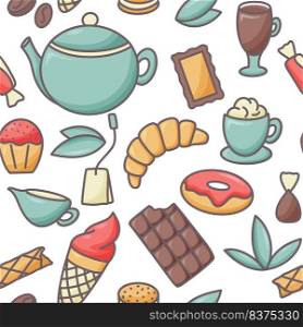 Coffee tea croissants and pastries seamless pattern. Background breakfast hot drink and goodies. Food print for paper, packaging and backdrop. Template vector illustration. Coffee tea croissants and pastries seamless pattern