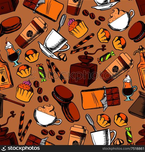 Coffee, tea, desserts and sweets seamless background. Wallpaper with sketch pattern of coffee mill, beans, tea cup, chocolate, muffin, cupcake, biscuit candy cookie. Coffee, tea, desserts seamless background