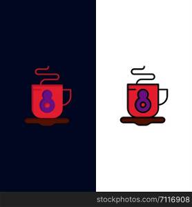 Coffee, Tea, Hot Icons. Flat and Line Filled Icon Set Vector Blue Background