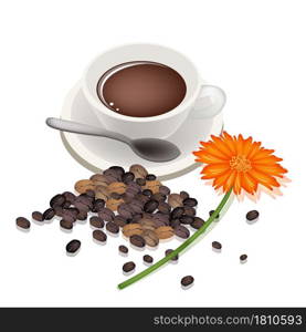 Coffee Time, A Cup of Hot Coffee with Stack of Roasted Coffee Beans and Orange Daisy Flower