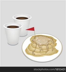 Coffee Time, A Cup of Takeaway Coffee in Disposable Cup Served With Freshly Homemade Pancakes and A Little Red Flag