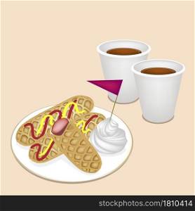 Coffee Time, A Cup of Takeaway Coffee in Disposable Cup Served With Golden Brown Homemade Corn Dogs or Hot Dog Waffles