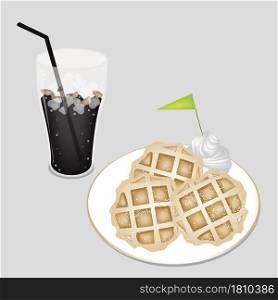 Coffee Time, A Glass of Iced Coffee or Cola Served With Freshly Homemade Round Belgian Waffles and A Little Green Flag