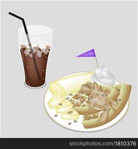 Coffee Time, A Glass of Iced Coffee or Cola Served With Waffle and Sliced Banana, Syrup, Chocolate Chips, Whipped Cream