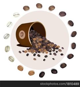 Coffee Time, An Illustration of Different Roasted Coffee Beans Dropped from A Wooden Pail