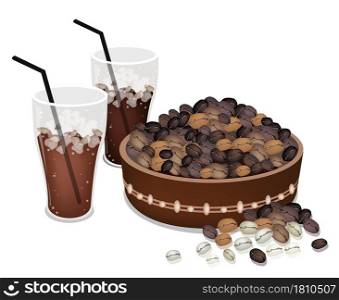 Coffee Time, An Illustration of Different Roasted Coffee Beans in A Wooden Bucket with A Glass of Iced Coffee