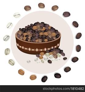 Coffee Time, An Illustration Various Kind of Roasted Coffee Bean Around A Wooden Bucket with Bean Isolated on A White Background