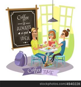 Coffee Time Design Concept With Hipsters . Coffee time design concept with group of young people belonging to subculture of hipsters drinking coffee in cafe interior flat vector illustration