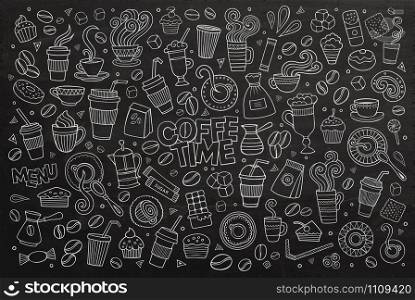 Coffee time doodles hand drawn chalkboard vector symbols and objects. Fast food doodles hand drawn sketchy vector symbols