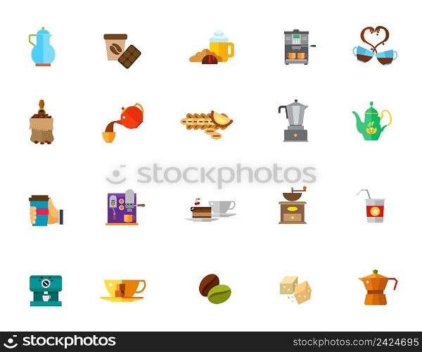Coffee time icon set. Coffee Bean Hand Holding Hot Coffee Espresso Coffee Maker Coffee Mill Sugar Machine Cup Pouring Teapot Love Chocolate Breakfast Bag with Shovel Dessert