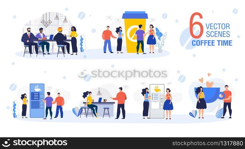 Coffee Time in Office Trendy Flat Vector Scenes Set Isolated on White Background. Company Employees, International Companies Business Partners, Entrepreneurs Team Together Drinking Coffee Illustration