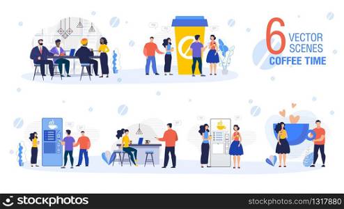 Coffee Time in Office Trendy Flat Vector Scenes Set Isolated on White Background. Company Employees, International Companies Business Partners, Entrepreneurs Team Together Drinking Coffee Illustration
