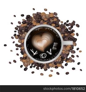 Coffee Time, Latte Art of Milk Cream Drawing A Heart and Writing Love Word on A Cup of Coffee Isolated on White Background