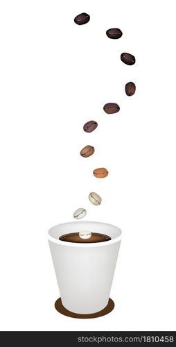 Coffee Time, The Roasted Coffee Bean Falling Down to A Cup of Take Away Coffee