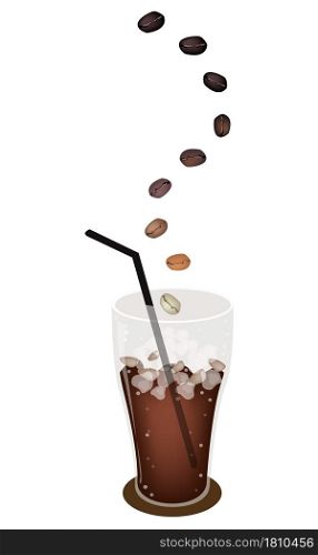 Coffee Time, The Roasted Coffee Bean Falling Down to A Glass of Iced Coffee