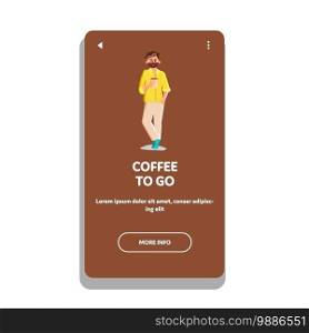 Coffee To Go Cafe Client Holding Drink Cup Vector. Young Bearded Man Hold Coffee, Cappuccino Or Tea Mug, Hot Energy Beverage. Character Cafeteria Take Away Service Web Flat Cartoon Illustration. Coffee To Go Cafe Client Holding Drink Cup Vector