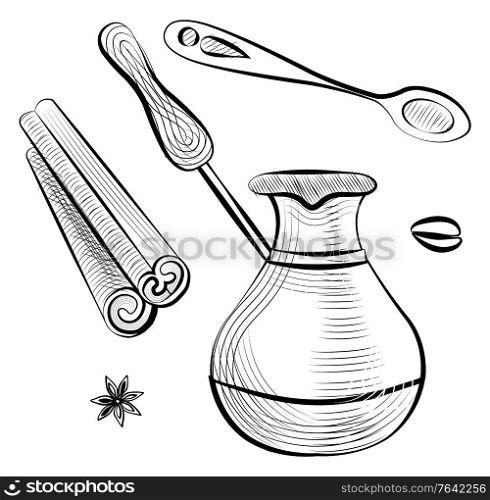 Coffee tool and ingredient, sketch of brewing pot with handle, stick of cinnamon, teaspoon, bean and anise. Shop equipment for cooking java beverage vector. Spoon and Brewing Pot, Cinnamon and Bean Vector
