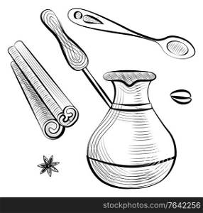 Coffee tool and ingredient, sketch of brewing pot with handle, stick of cinnamon, teaspoon, bean and anise. Shop equipment for cooking java beverage vector. Spoon and Brewing Pot, Cinnamon and Bean Vector