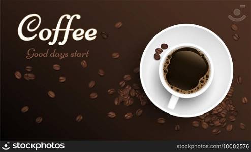 Coffee top view cup. Realistic cup and coffee beans banner template. Vector roasted beans background. Cup of caffeine espresso, coffee hot beverage illustration. Coffee top view cup. Realistic cup and coffee beans banner template. Vector roasted beans background