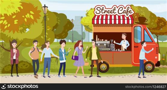 Coffee track, van, cart, barista, track, happy people stand in line for coffee in park, men and women, different character, autumn. Coffee track, van, cart, barista, track, happy people stand in line for coffee in park, men and women, different characters, outdoor, street food, autumn, vector, illustration, isolated cartoon style