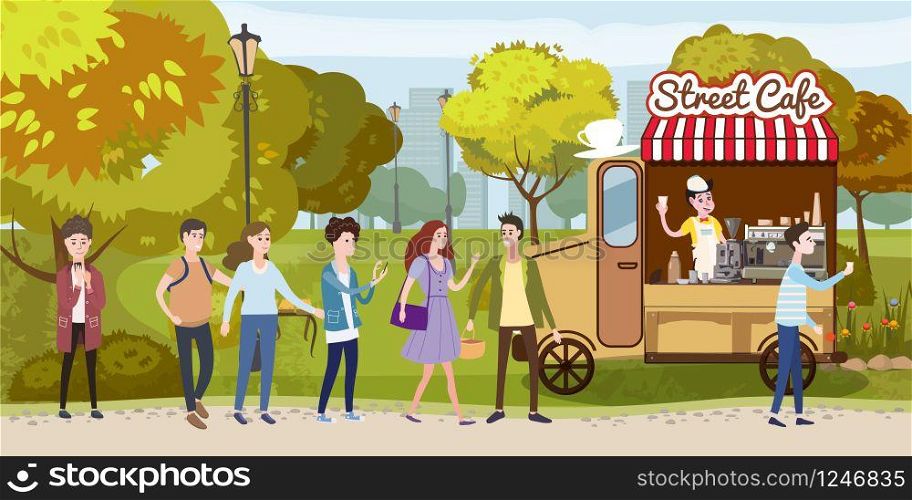 Coffee track, van, cart, barista, track, happy people stand in line for coffee in park, men and women, different character. Coffee track, van, cart, barista, track, happy people stand in line for coffee in park, men and women, different characters, outdoor, street food, vector, illustration, isolated cartoon style